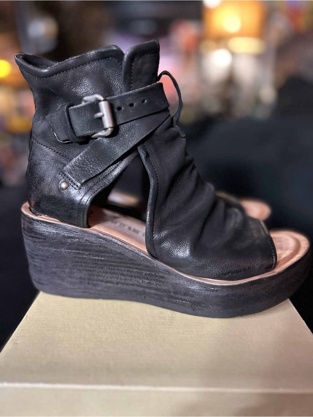 A.S.98 Black Leather Cutout Wedge Sandal with Ankle Strap💕🦋💕